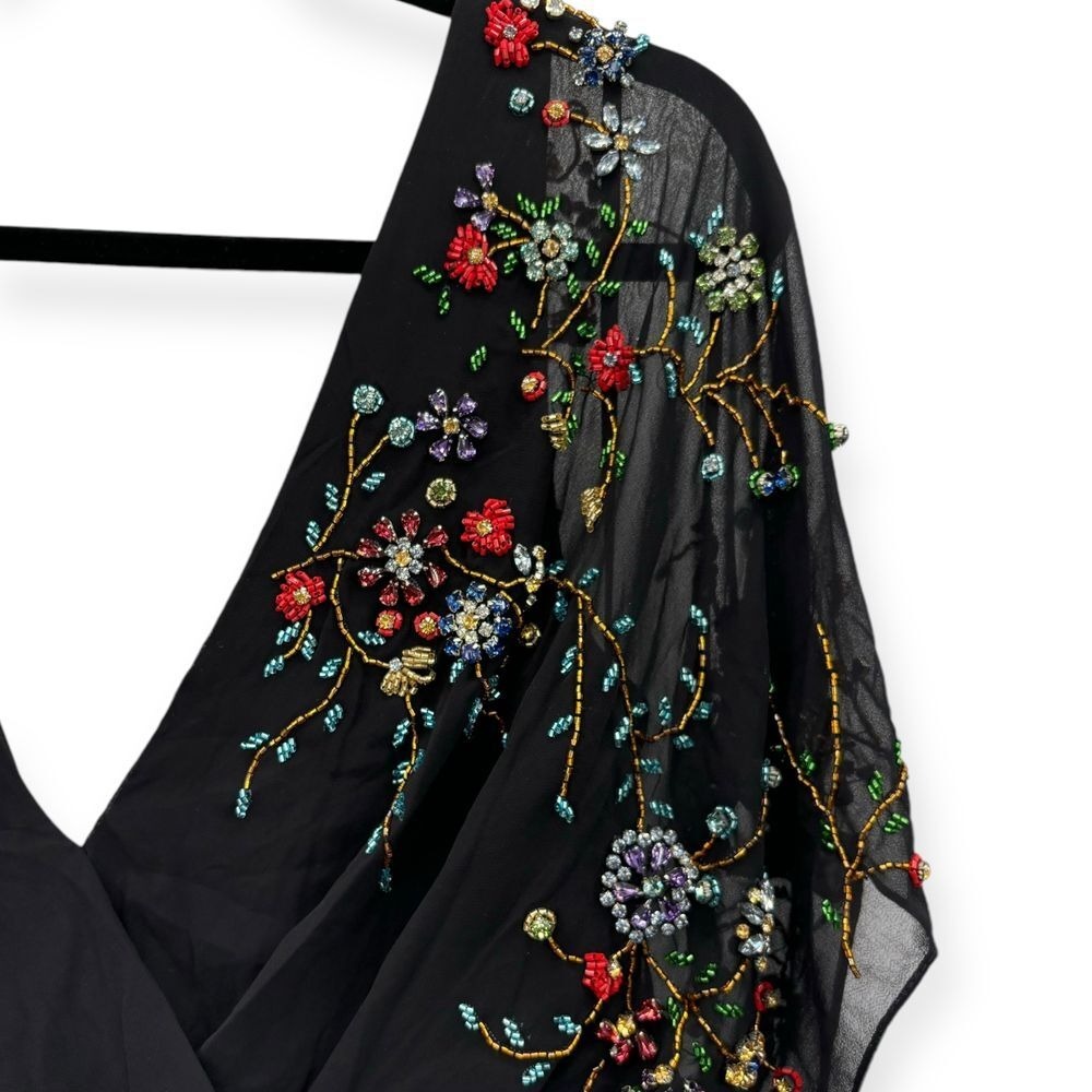 NWT‎ Mac Duggal Black Faux Wrap Multi Colored Beaded Floral Gown $798 - Size 2 - Picture 7 of 15